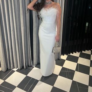 White Floor Length Dress With Feather Top